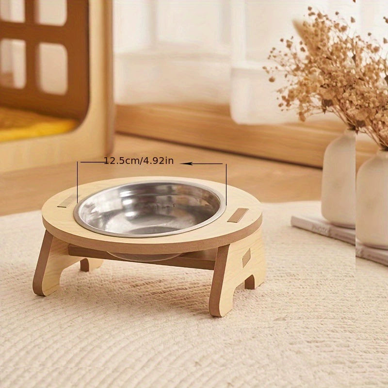 Gamelle pour chat — Bois naturel et bols inox