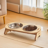 Gamelle pour chat — Bois naturel et bols inox