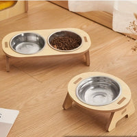Gamelle pour chat — Bois naturel et bols inox