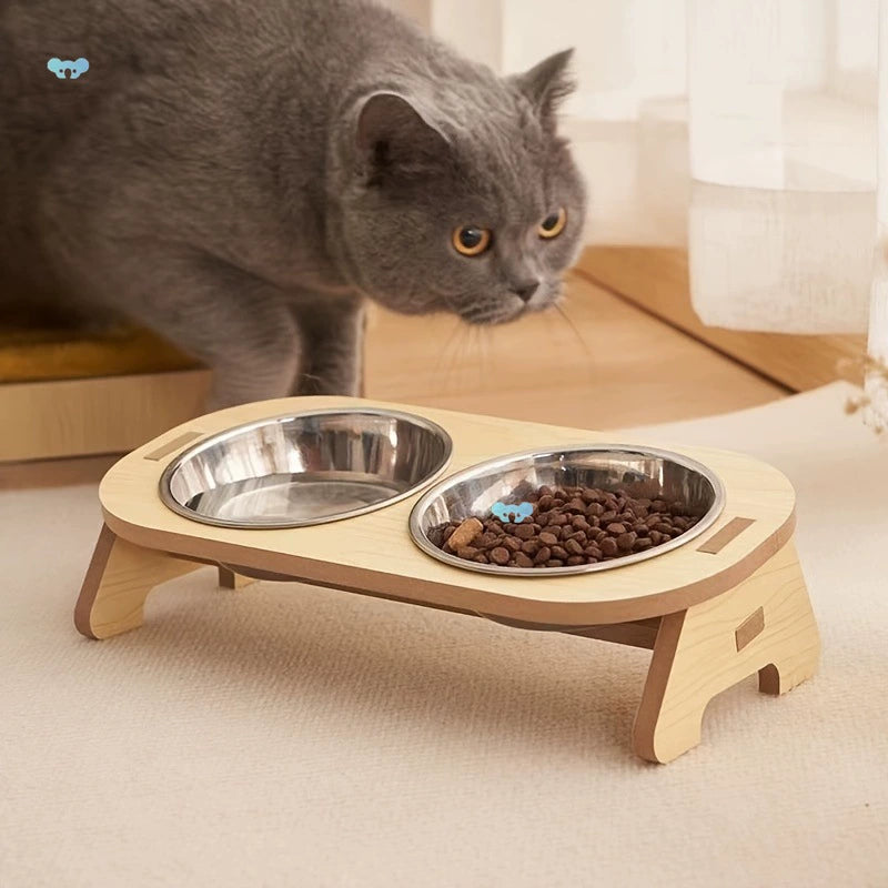 Gamelle pour chat — Bois naturel et bols inox