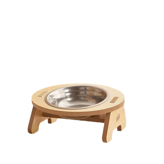 Gamelle pour chat — Bois naturel et bols inox